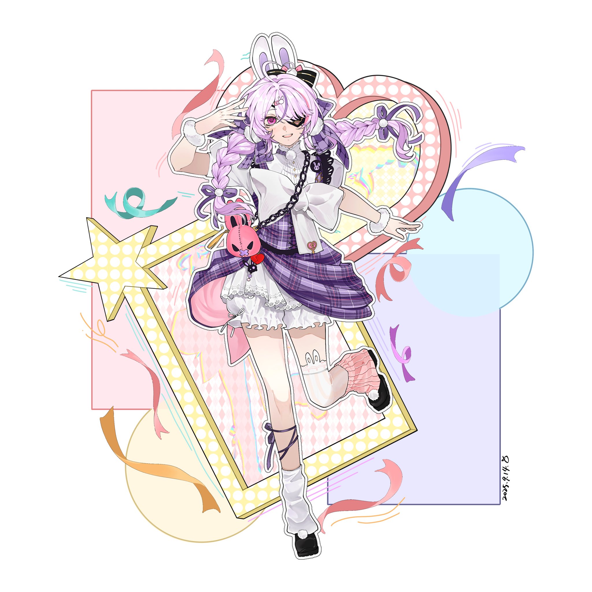 m (dp1721dp), maria marionette, nijisanji, nijisanji en, highres, 1girl, ahoge, animal ears, bloomers, blush, bow, braid, dated, full body, hair bow, heart, heart ahoge, looking at viewer, loose socks, low twin braids, multicolored hair, open mouth, pink eyes, pink hair, purple hair, rabbit ears, socks, solo, standing, standing on one leg, streaked hair, streamers, thigh strap, twin braids, underwear, virtual youtuber, white bloomers