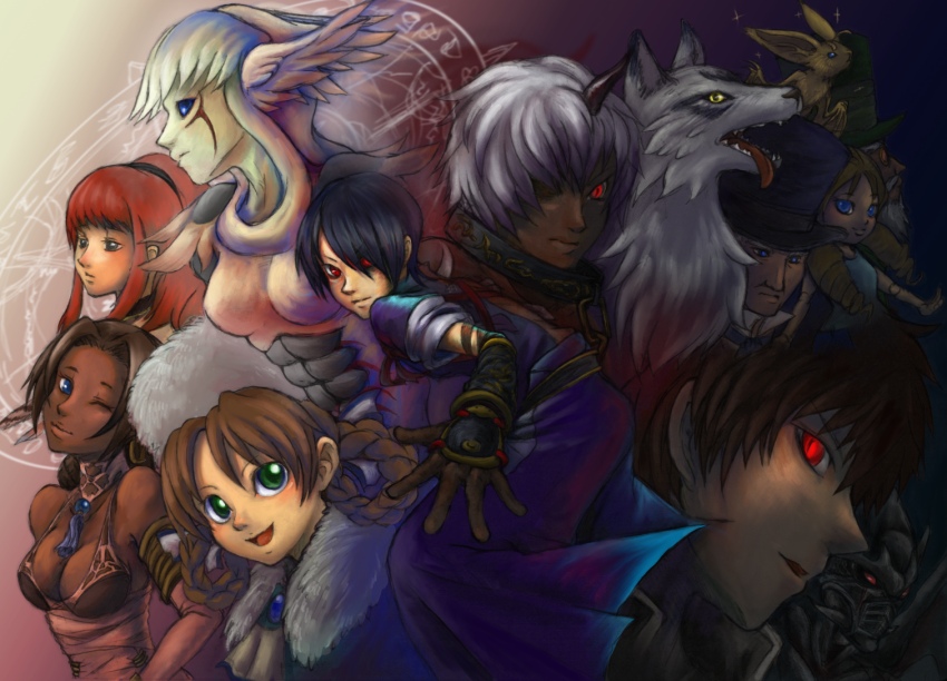 chikuana, albert simon, alice elliot, anastasia (shadow hearts), cornelia (shadow hearts), gepetto (shadow hearts), karin koenig, kurando (shadow hearts), lucia (shadow hearts), yuri hyuga, shadow hearts, shadow hearts ii, kurando, 5girls, 6+boys, beard, black hair, blue eyes, braid, brown hair, dark skin, demon, doll, doll joints, dress, earrings, everyone, facial hair, glasses, green eyes, hair ribbon, hat, japanese clothes, jewelry, joints, multiple boys, multiple girls, oni, ponytail, red eyes, red hair, ribbon, ringlets, twin braids, white hair, wolf, yellow eyes
