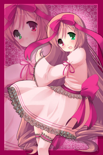 shiraki ai, suiseiseki, rozen maiden, 00s, 1girl, :o, belt, dress, female focus, frilled thigh strap, frills, green eyes, long hair, long sleeves, looking at viewer, parted lips, pink dress, red eyes, solo, thigh strap, very long hair, zoom layer