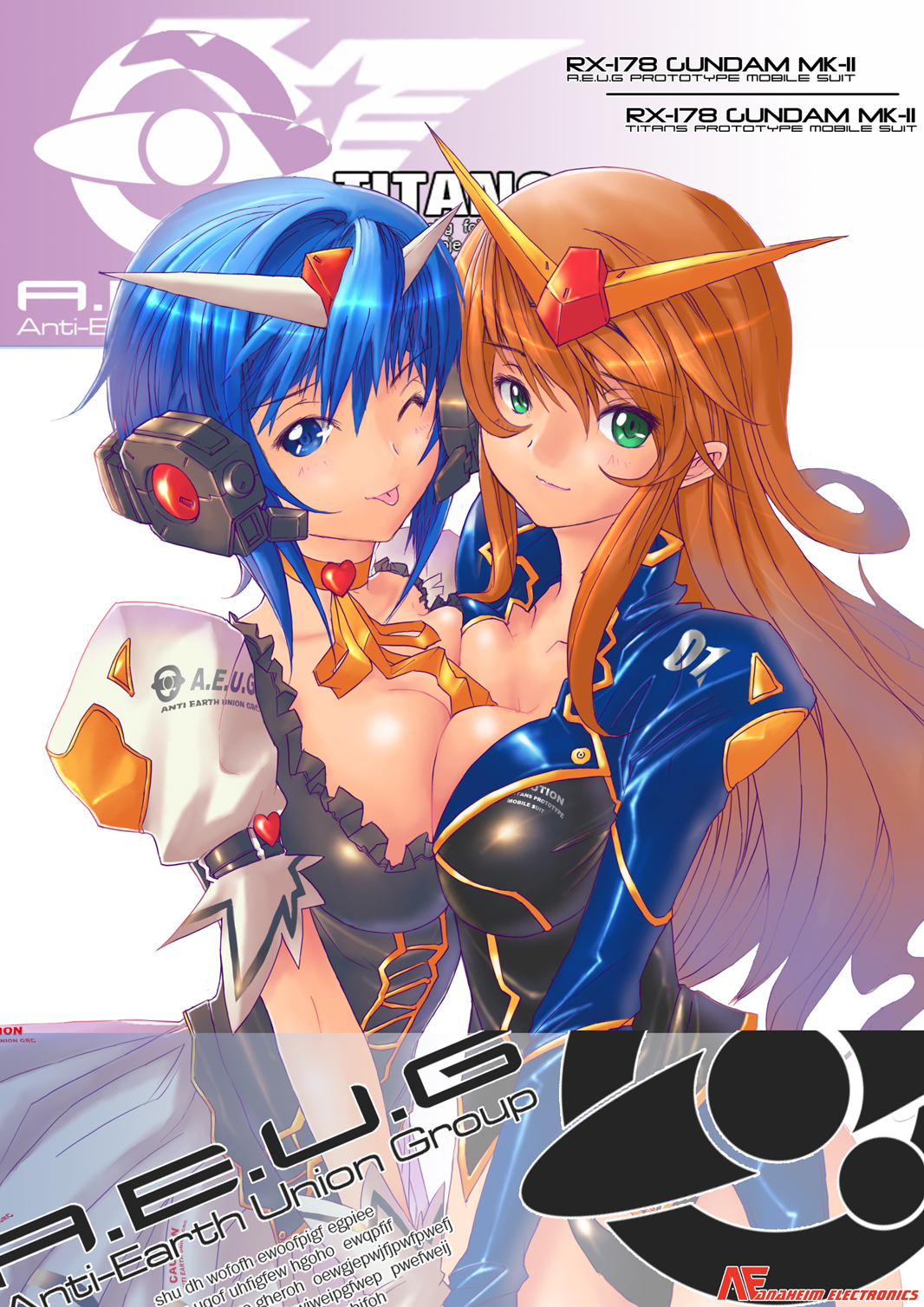 gundam mk ii, gundam, zeta gundam, highres, 2girls, :p, blue eyes, blue hair, breast press, breasts, cleavage, green eyes, large breasts, mecha musume, multiple girls, one eye closed, orange hair, symmetrical docking, tongue, tongue out, wink