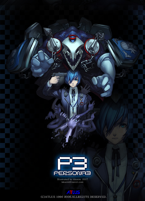 kkuem, thanatos (persona), yuuki makoto (persona 3), atlus, persona, persona 3, 1boy, blue eyes, blue hair, chain, digital media player, digital walkman, evoker, gun, gun to head, hair over one eye, headphones, holding, holding gun, holding weapon, male focus, matching hair/eyes, school uniform, serafuku, solo, walkman nw-s203f, weapon