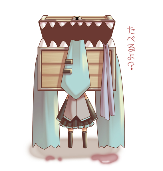 terumii, hatsune miku, mimic chest, vocaloid, bad id, bad pixiv id, translated, chibi, long hair, mimic, monster, skirt, thighhighs, twintails, very long hair