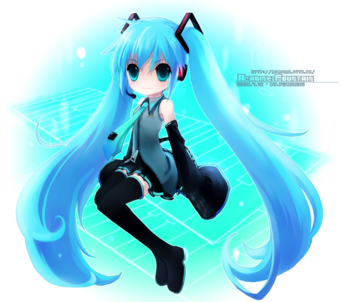 furaingu, hatsune miku, vocaloid, blue eyes, blue hair, long hair, solo, thighhighs, twintails, very long hair, zettai ryouiki