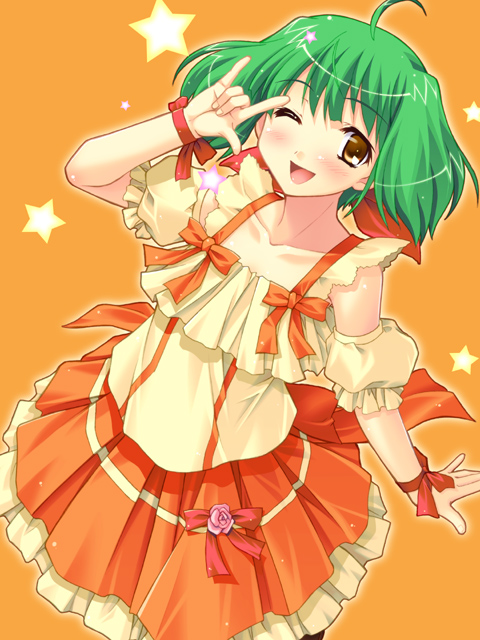 kariga, ranka lee, macross, macross frontier, 00s, 1girl, ahoge, blush, brown eyes, dress, female focus, green hair, looking at viewer, m/, off-shoulder dress, off shoulder, orange background, seikan hikou, short hair, simple background, solo, star (symbol), wrist cuffs, yellow dress