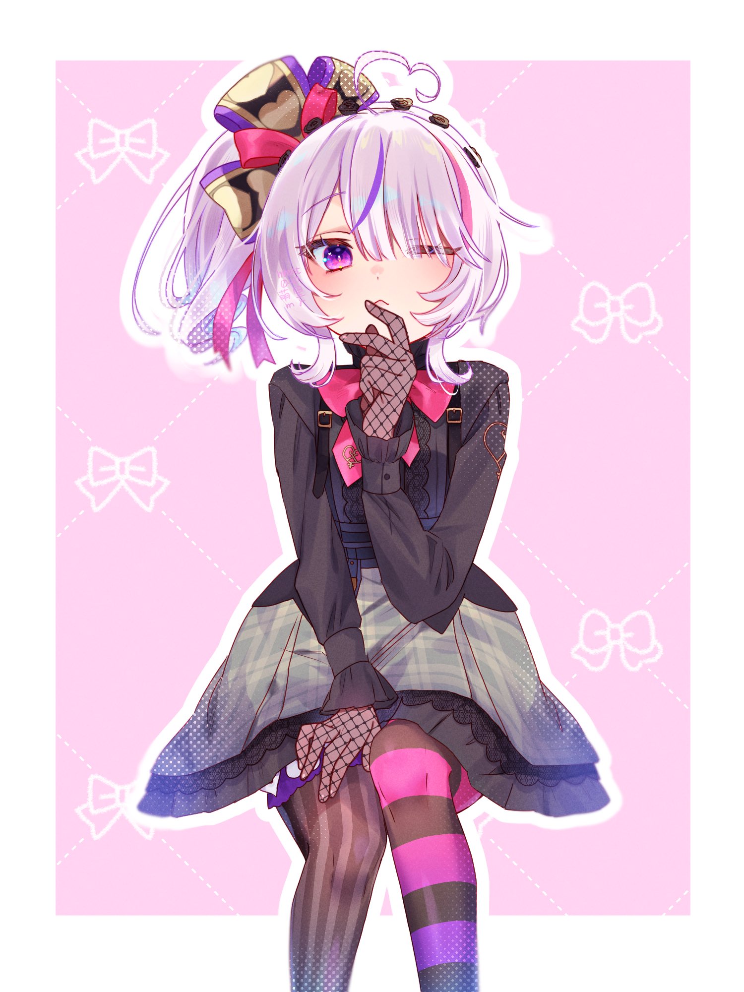 memento mori (mmnt0 0mr), maria marionette, maria marionette (1st costume), nijisanji, nijisanji en, highres, 1girl, :<, ahoge, asymmetrical legwear, blush, bow, feet out of frame, fishnet gloves, fishnets, gloves, hair bow, hand on own face, heart, heart ahoge, high side ponytail, looking at viewer, medium hair, mismatched legwear, multicolored hair, one eye closed, outline, pantyhose, pink background, pink eyes, pink hair, purple hair, sitting, solo, streaked hair, striped clothes, striped pantyhose, vertical-striped clothes, vertical-striped pantyhose, virtual youtuber, white outline