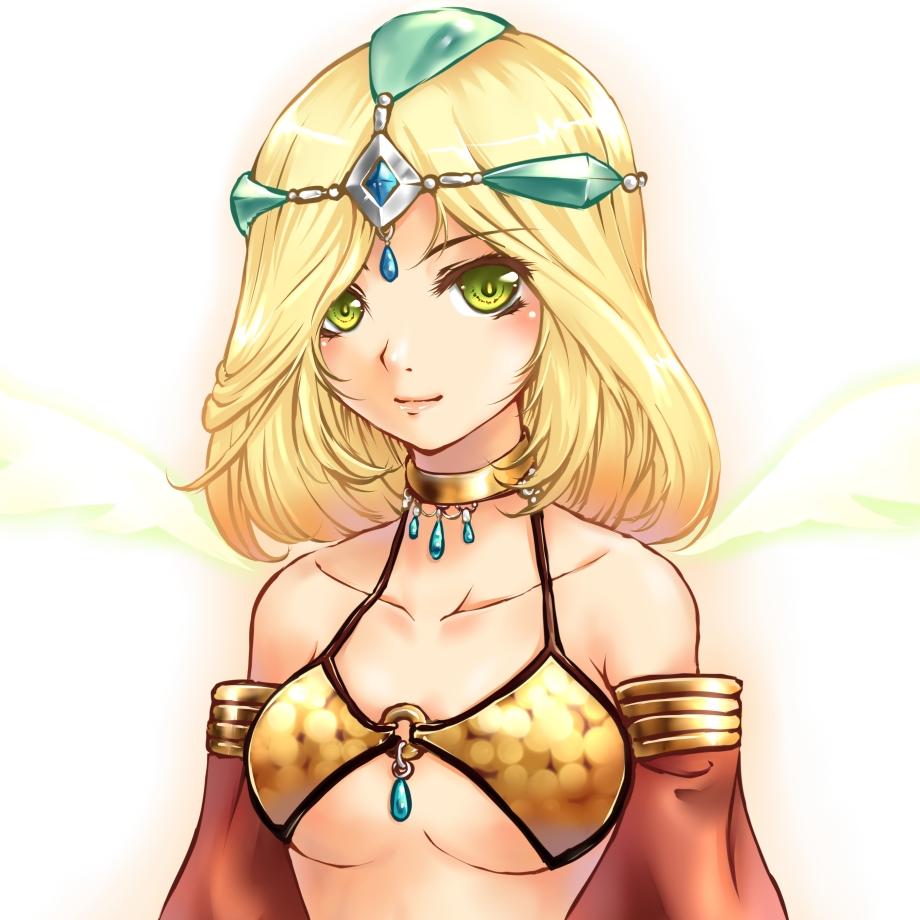 gypsy (ragnarok online), ragnarok online, 1girl, blonde hair, breasts, choker, female focus, green eyes, gypsy, headdress, medium breasts, short hair, smile, solo