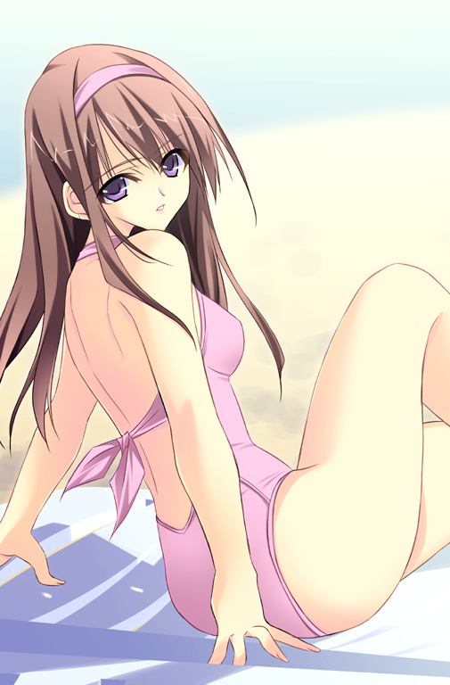 kobayashi chisato, original, 1girl, beach, brown hair, casual one-piece swimsuit, female focus, hairband, long hair, one-piece swimsuit, purple eyes, solo, swimsuit