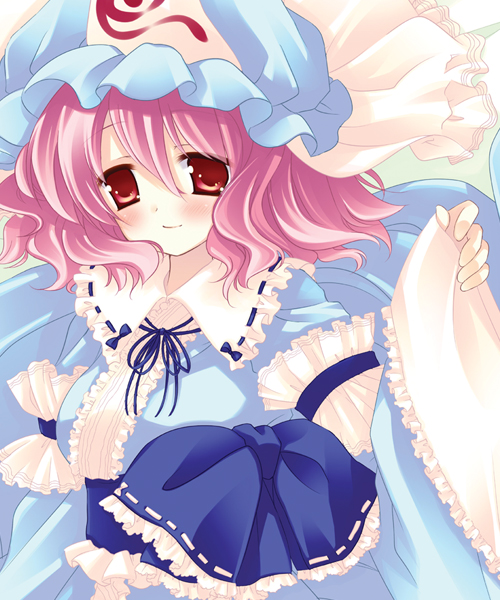 natsume eri, saigyouji yuyuko, touhou, 1girl, arm garter, blush, collar, female focus, frills, hat, long sleeves, looking at viewer, mob cap, pink hair, red eyes, short hair, solo, triangular headpiece