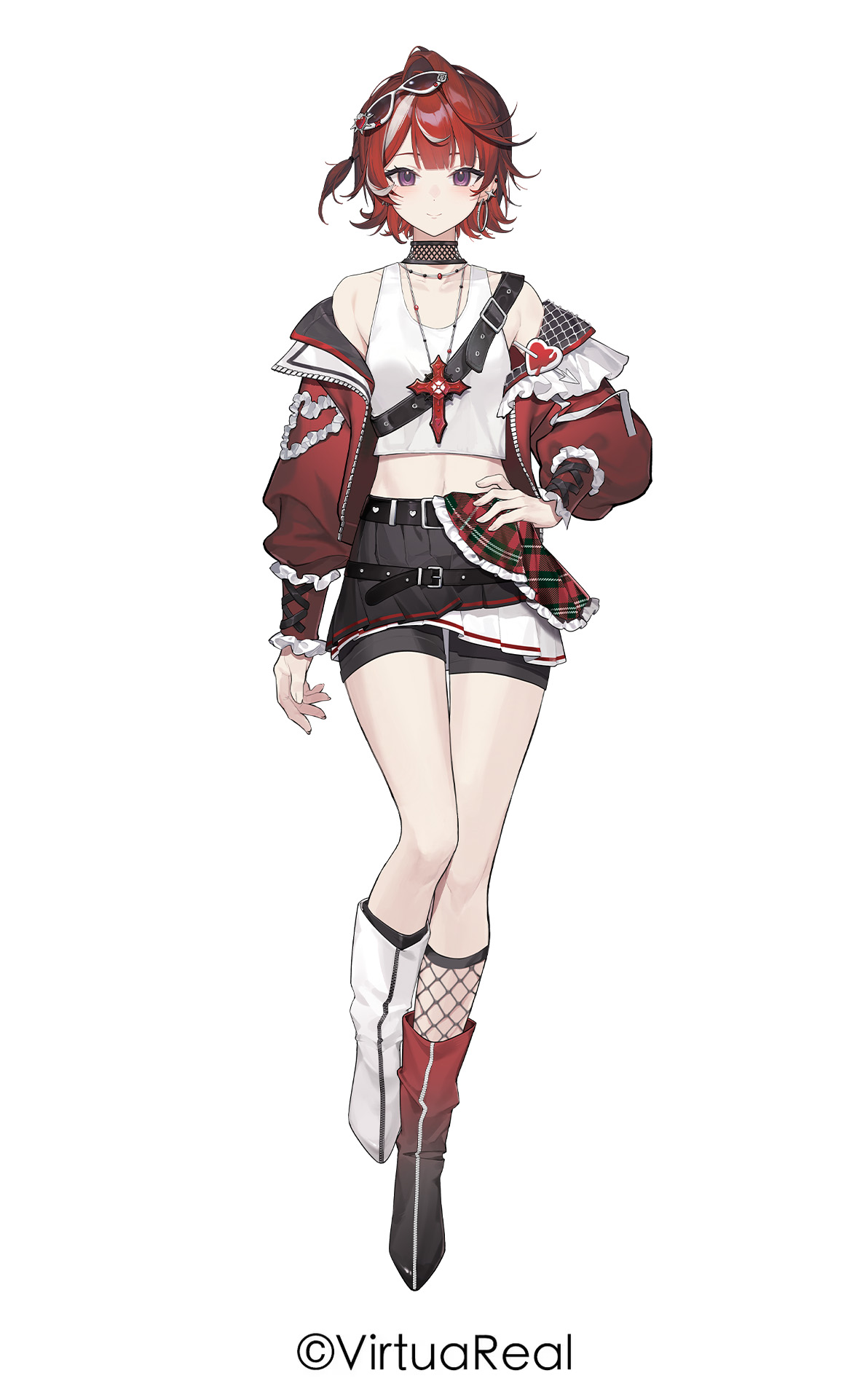 nijisanji, virtuareal, highres, official art, 1girl, asymmetrical footwear, belt, black choker, black shorts, black skirt, black socks, blush, choker, closed mouth, copyright notice, crop top, cross, cross necklace, ear piercing, earrings, eyewear on head, fishnet socks, fishnets, frilled jacket, frills, full body, grey-framed eyewear, grey hair, hand on own hip, heart, hoop earrings, jacket, jewelry, legs, looking at viewer, mismatched footwear, multiple belts, necklace, nori (virtuareal), open clothes, open jacket, piercing, pleated skirt, purple eyes, red hair, red jacket, red shoes, shoes, shorts, shorts under skirt, simple background, single earring, single fishnet legwear, skirt, smile, socks, solo, tank top, virtual youtuber, white background, white shoes, white tank top