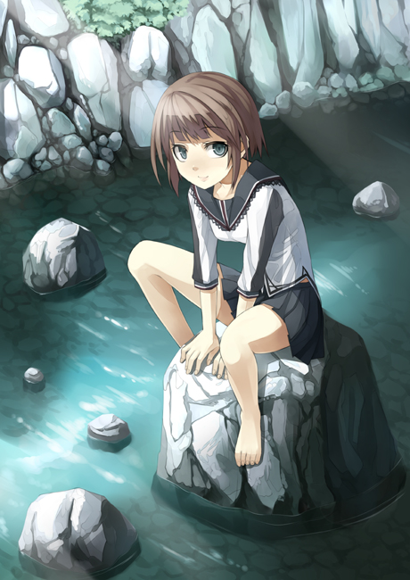 murata taichi, original, stone, 1girl, barefoot, blue eyes, brown hair, female focus, on rock, rock, short hair, sitting, skirt, smile, solo, stream, water