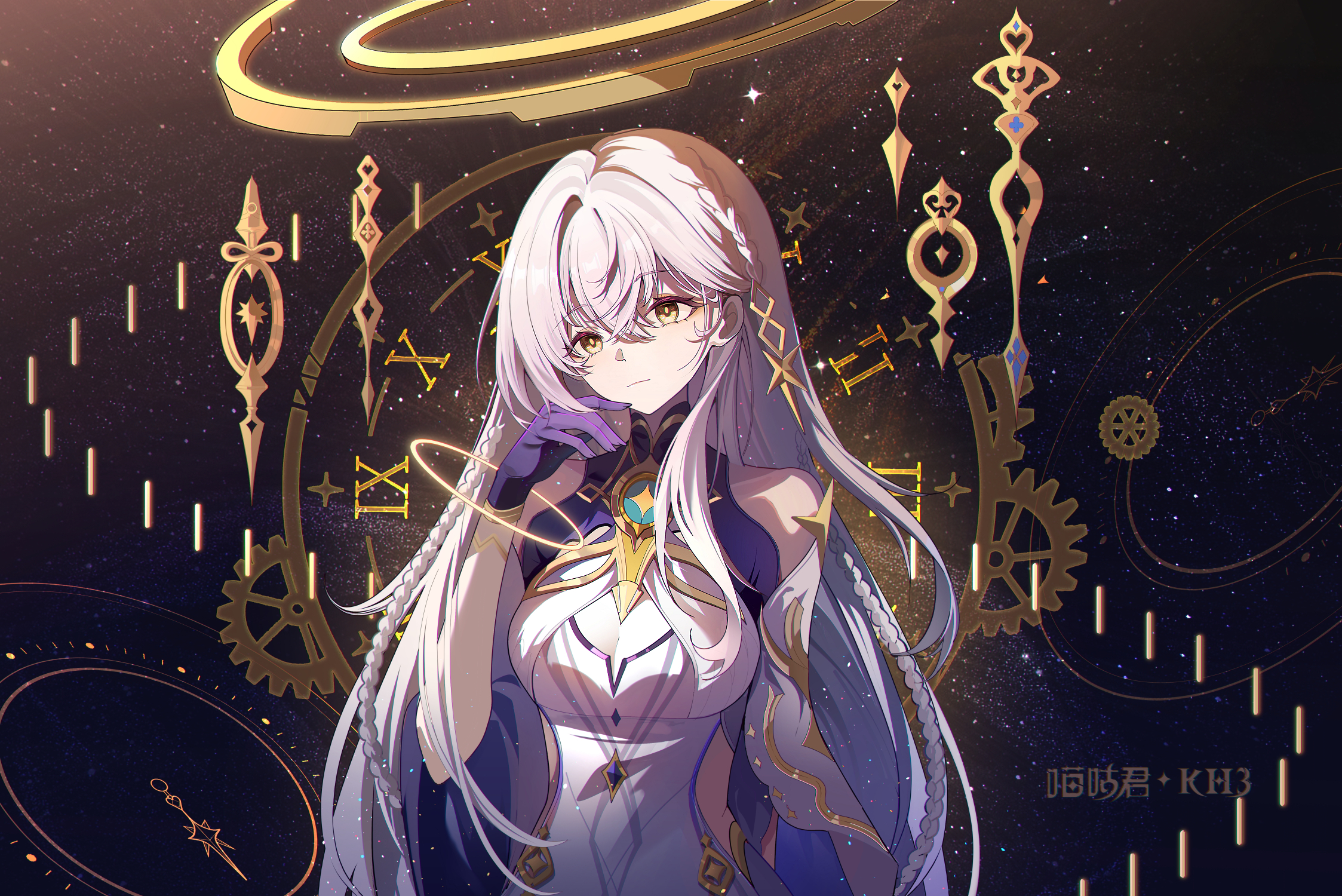 miaogujun, istaroth (genshin impact), genshin impact, highres, 1girl, arm behind back, bare shoulders, braid, breasts, cleavage, closed mouth, dress, hair between eyes, halo, hand up, large breasts, long hair, sleeveless, sleeveless dress, solo, star (sky), starry sky background, upper body, very long hair, white dress, white hair, yellow eyes