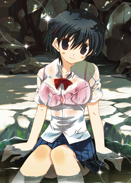takanae kyourin, bra, breasts, large breasts, lingerie, school uniform, see-through clothes, serafuku, short hair, sitting, solo, underwear, wet, wet clothes