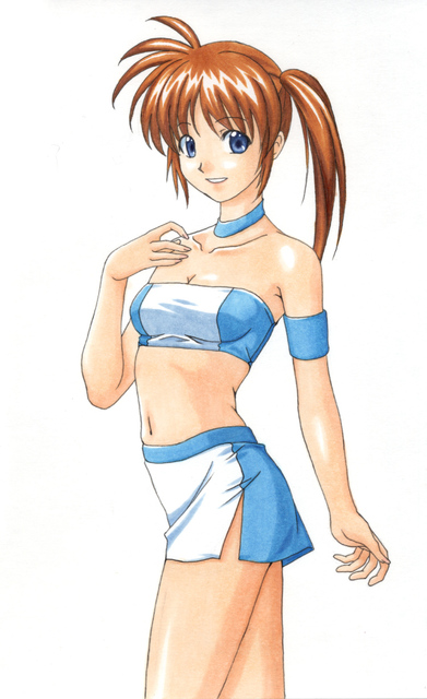 fukuoka katsumi, takamachi nanoha, lyrical nanoha, mahou shoujo lyrical nanoha, mahou shoujo lyrical nanoha a's, mahou shoujo lyrical nanoha strikers, 00s, 1girl, armlet, bare shoulders, blue skirt, collarbone, female focus, jewelry, looking at viewer, midriff, race queen, side ponytail, side slit, simple background, skirt, solo, stomach, strapless, tube top, white background
