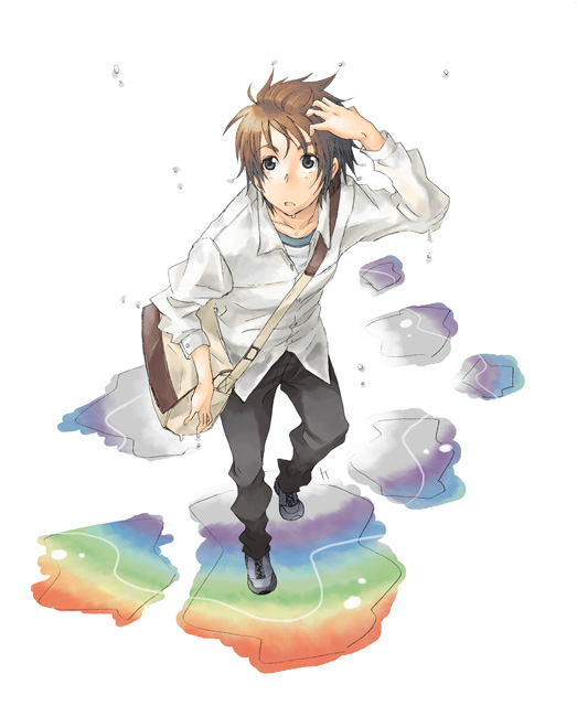 k-mame, original, 1boy, bag, brown hair, grey eyes, male focus, short hair, solo, wet