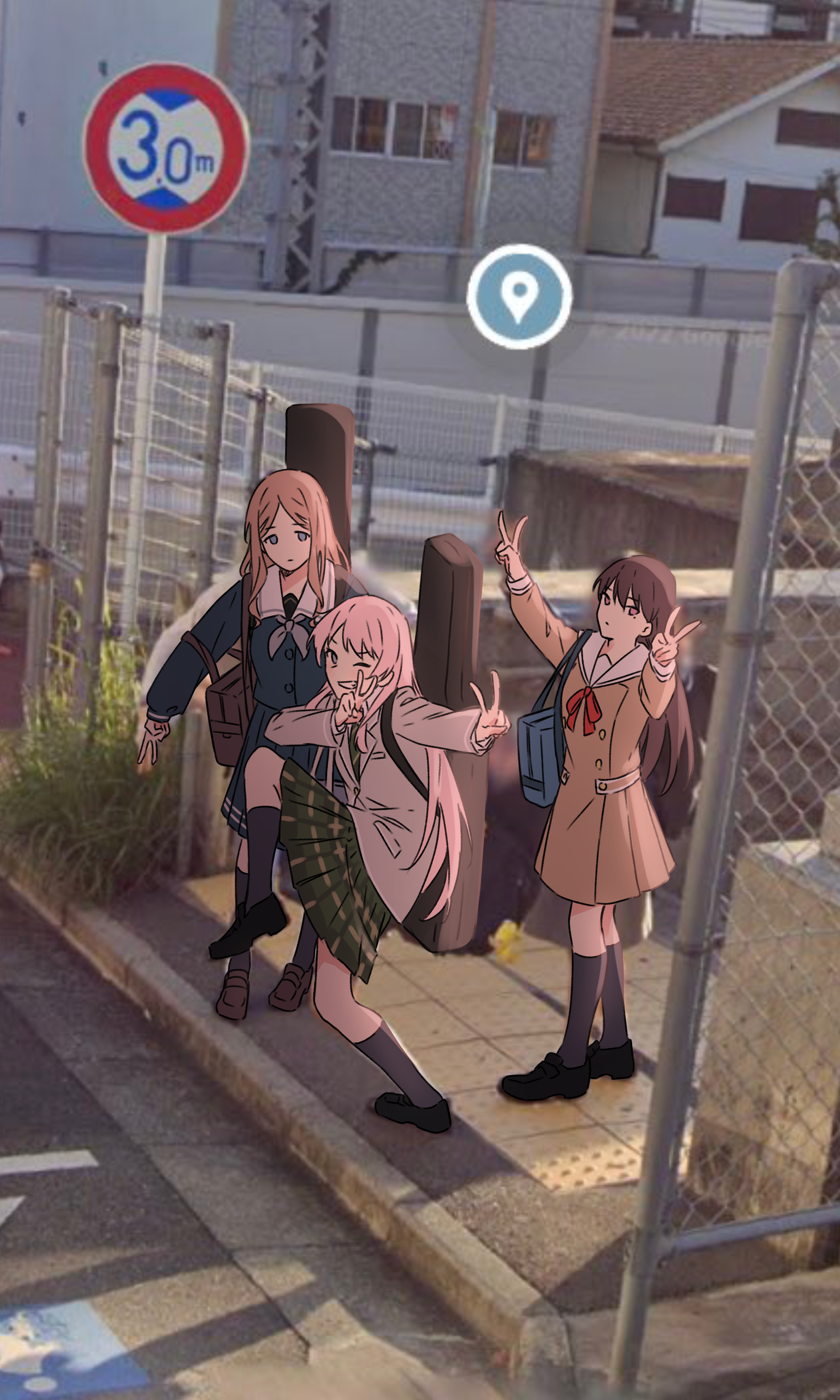 kanade (kanade 3344), chihaya anon, nagasaki soyo, shiina taki, bang dream!, bang dream! it's mygo!!!!!, absurdres, commentary, highres, 3girls, bag, black shoes, black socks, blue bag, blue eyes, blue serafuku, blue shirt, blue skirt, brown dress, brown hair, brown shoes, closed mouth, diagonal-striped clothes, diagonal-striped necktie, double v, dress, google maps, green necktie, green skirt, grey eyes, grey jacket, grey neckerchief, hanasakigawa school uniform, haneoka school uniform, high school girls posing for google street view (meme), instrument case, instrument on back, jacket, kneehighs, loafers, long hair, long sleeves, meme, multiple girls, neck ribbon, neckerchief, necktie, one eye closed, parted bangs, photo background, pink hair, plaid clothes, plaid skirt, pleated dress, pleated skirt, purple eyes, red ribbon, ribbon, sailor collar, sailor dress, school bag, school uniform, serafuku, shirt, shoes, shoulder bag, skirt, socks, striped clothes, tsukinomori school uniform, v, white sailor collar