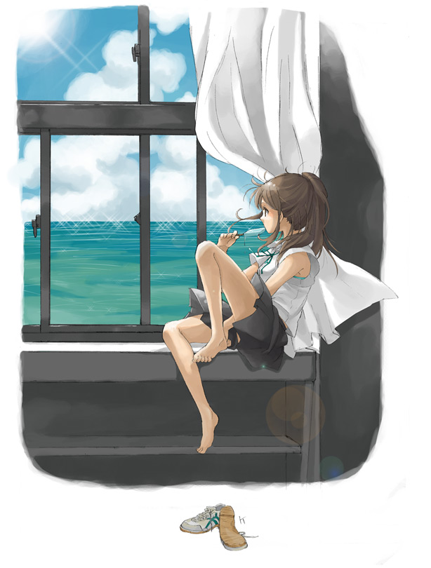 k-mame, original, 1girl, barefoot, brown eyes, brown hair, feet, female focus, food, gazing, indoors, long hair, looking outside, ocean, popsicle, shoes, slice of life, solo, staring, unworn shoes, water, window