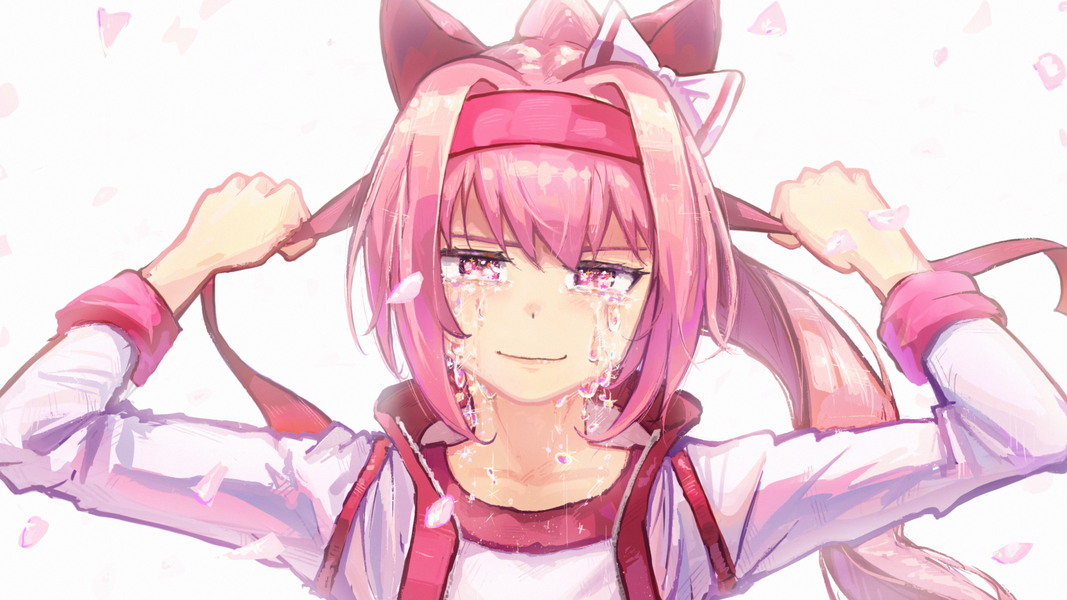 haru urara (bestest prize) (umamusume), haru urara (umamusume), umamusume, absurdres, highres, 1girl, animal ears, bow, closed mouth, crying, danielhyeunkim, ear bow, ear covers, flower in eye, hairband, headband, horse ears, horse girl, jacket, long hair, looking at viewer, petals, pink eyes, pink hair, pink headband, ponytail, red headband, shirt, solo, symbol in eye, tears, tying headband, upper body, white jacket, white shirt
