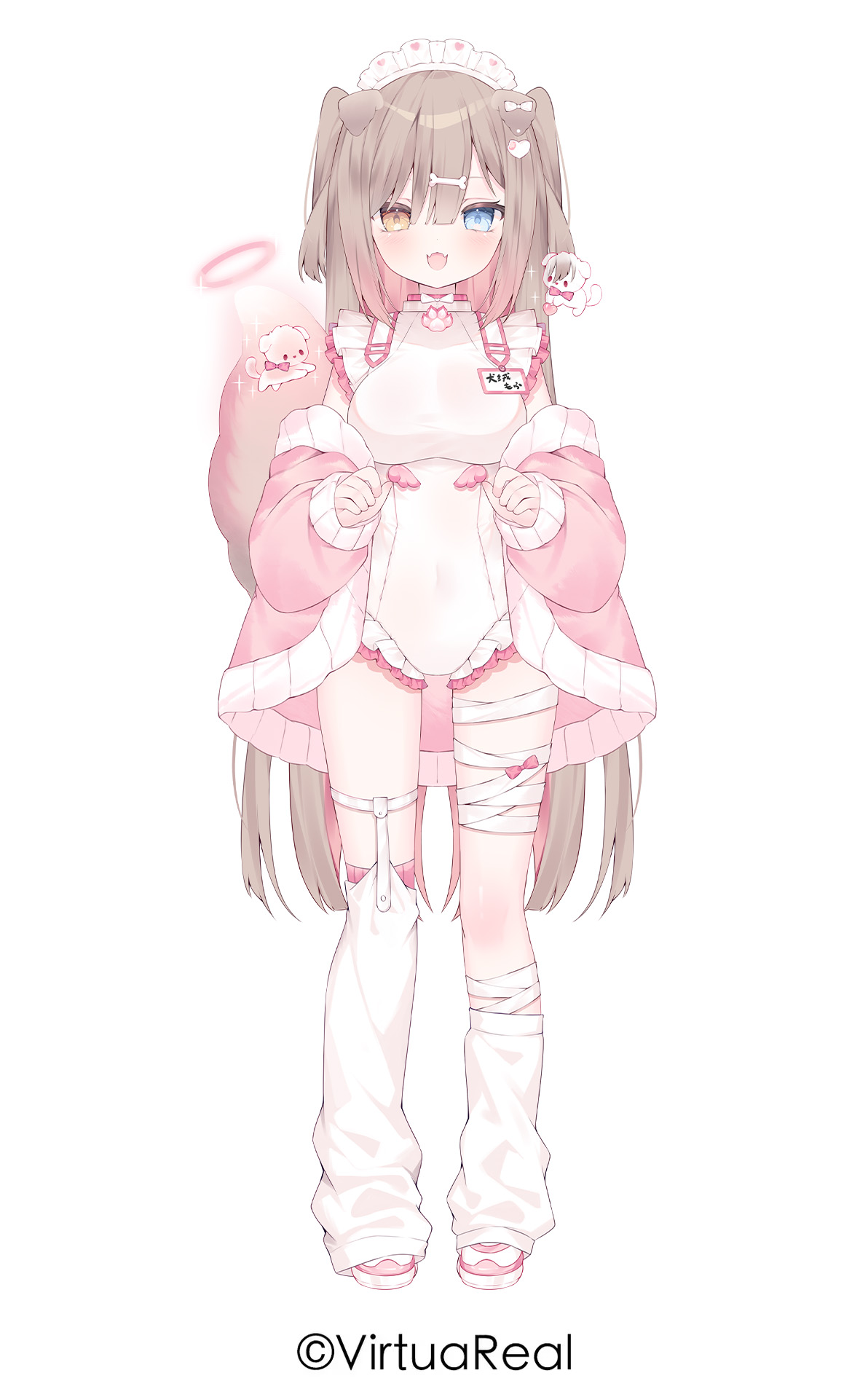 nijisanji, virtuareal, highres, official art, 1girl, :3, animal ears, bandaged leg, bandages, blue eyes, blunt bangs, blush, breasts, brown hair, character name, colored inner hair, copyright notice, dog, dog ears, dog girl, dog tail, fangs, frills, full body, hair between eyes, hair ornament, heart, heart hair ornament, heterochromia, jacket, large breasts, leg warmers, long hair, looking at viewer, maid headdress, mofu (virtuareal), multicolored hair, name tag, open clothes, open jacket, pink hair, pink jacket, pink shoes, shoes, solo, straight hair, tail, very long hair, virtual youtuber, white leg warmers, yellow eyes