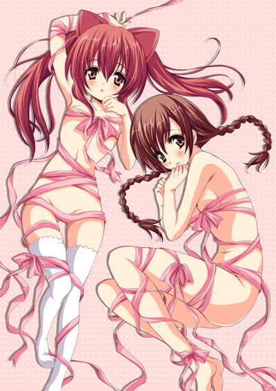 yukiwo, aloe, aloe (quiz magic academy), clala, quiz magic academy, 2girls, animal ears, braid, brown eyes, brown hair, censored, convenient censoring, legs, long hair, looking at viewer, lying, multiple girls, naked ribbon, on back, on side, red eyes, red hair, ribbon, thighhighs, twin braids, twintails