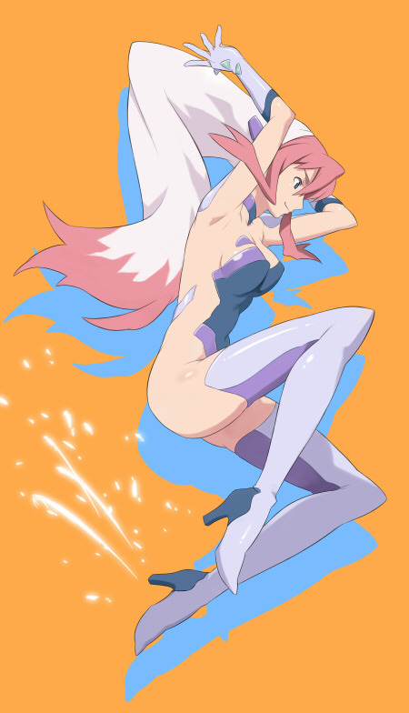 maruto!, birdy cephon altera, tetsuwan birdy, tetsuwan birdy decode, 00s, 1girl, armpits, bare back, collarbone, colored bangs, female focus, from side, leotard, long hair, multicolored hair, orange background, red hair, simple background, solo, thighhighs, two-tone hair, very long hair, white hair, white thighhighs