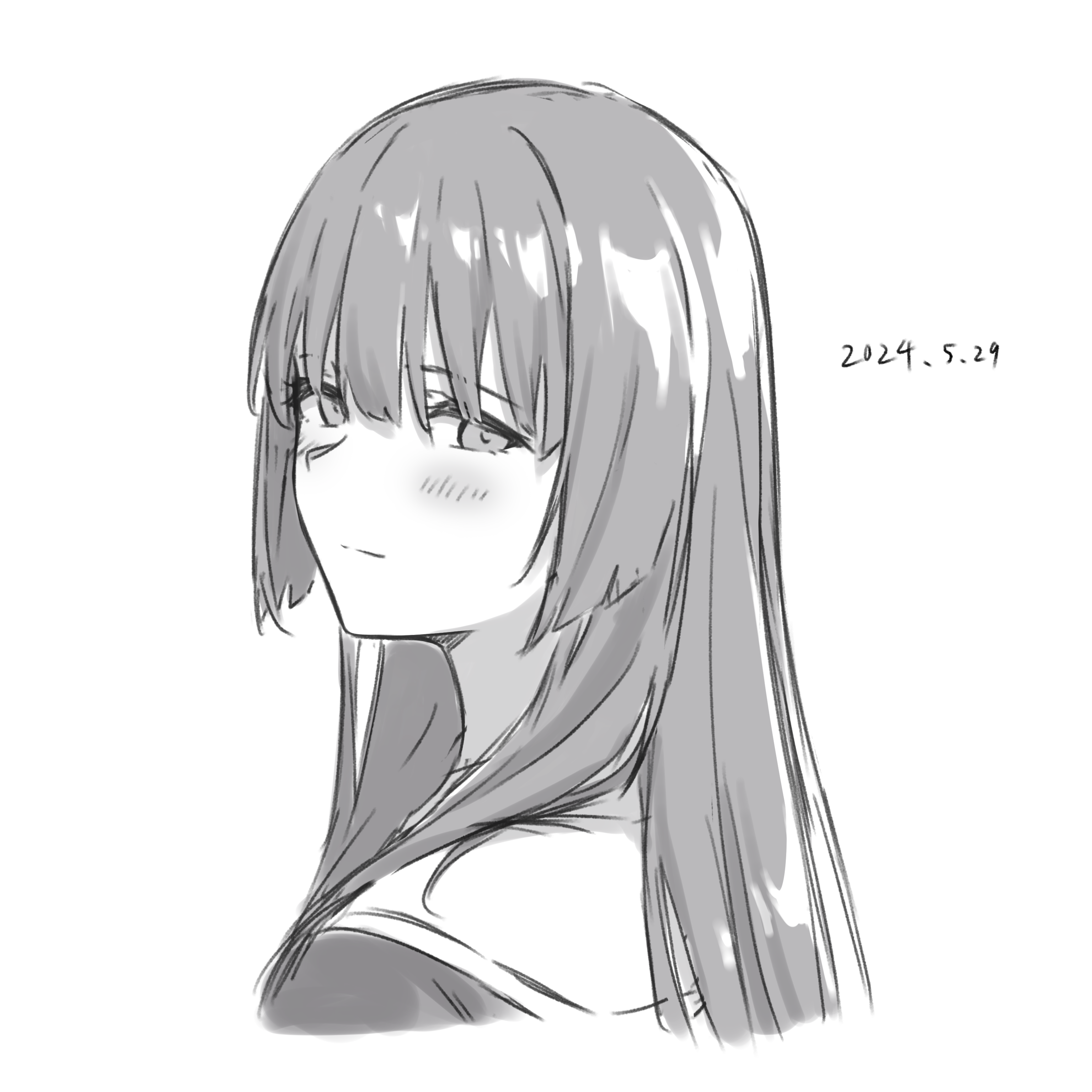 kanade (kanade 3344), shirokane rinko, bang dream!, absurdres, commentary, highres, 1girl, blush, closed mouth, dated, greyscale, hair between eyes, long hair, looking at viewer, monochrome, simple background, solo, upper body, white background