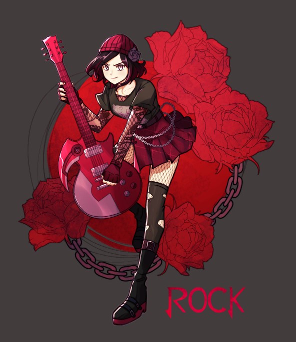 de b0o, ruby rose, rwby, commentary, english commentary, 1girl, alternate costume, beanie, belt, black belt, black boots, black hair, black shirt, boots, chain, closed mouth, electric guitar, english text, fingerless gloves, fishnet pantyhose, fishnets, flower, full body, gloves, grey eyes, guitar, hat, holding, holding guitar, holding instrument, instrument, multicolored hair, nail polish, pantyhose, red flower, red gloves, red hair, red hat, red rose, red skirt, rose, shirt, short sleeves, skirt, smile, solo, thighhighs, thighhighs over pantyhose, torn clothes, torn thighhighs, two-tone hair, v-shaped eyebrows