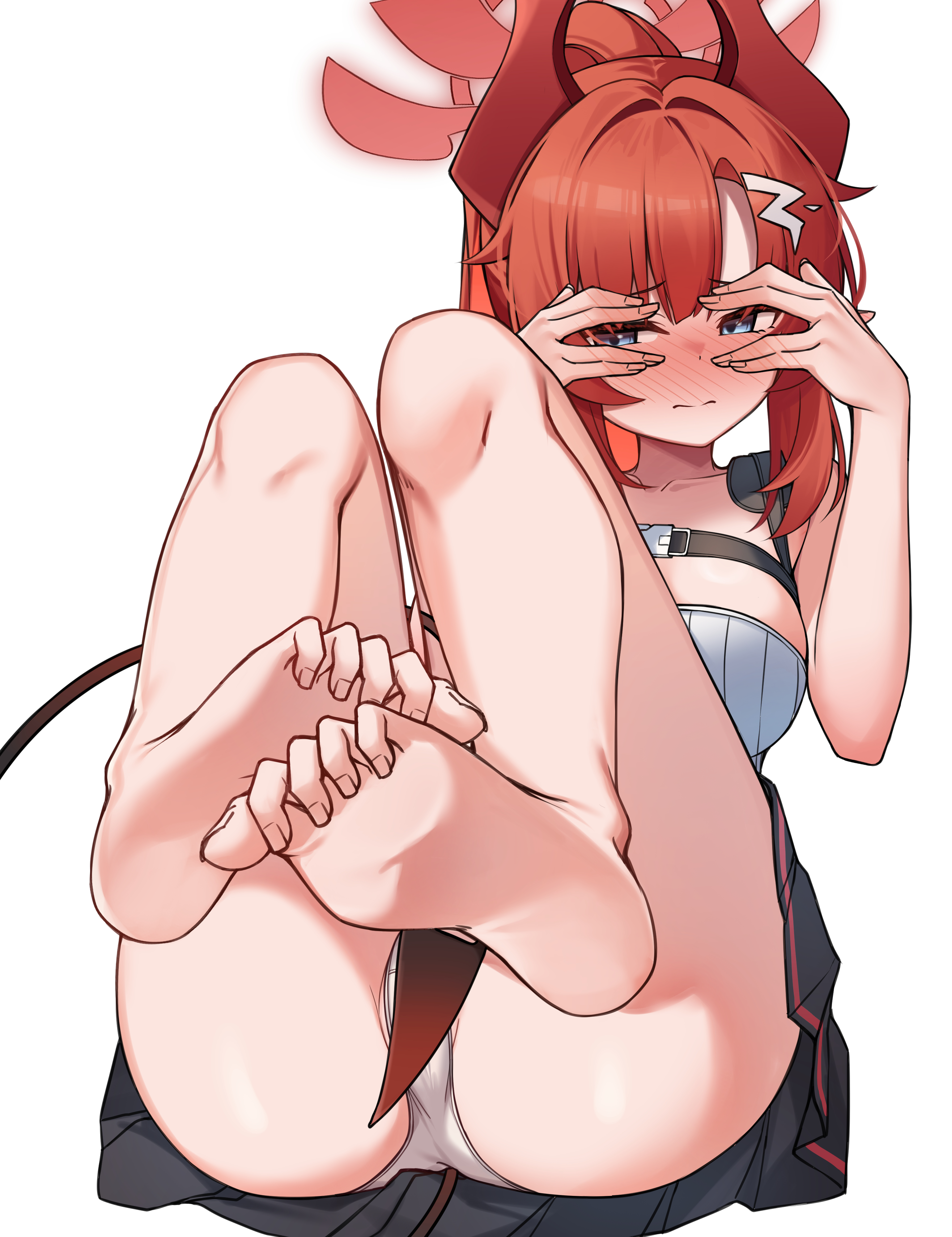 ziro (zirorong), megu (blue archive), blue archive, absurdres, bilingual commentary, commentary, english commentary, highres, korean commentary, mixed-language commentary, 1girl, barefoot, blue eyes, blush, breasts, feet, halo, horns, panties, pleated skirt, red hair, simple background, skirt, soles, solo, tail, toes, underwear, white background, white panties