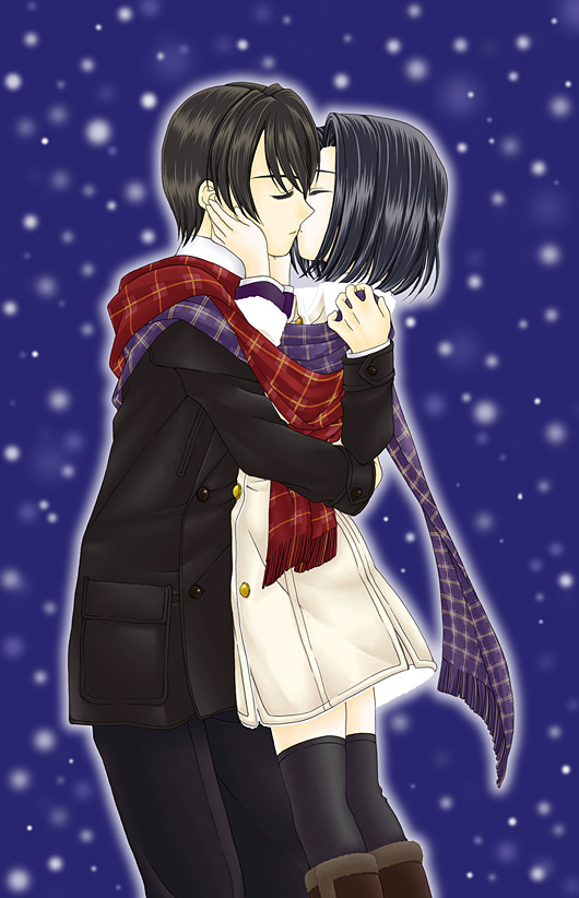 oneki, kujou subaru, taiga shinjirou, sakura taisen, sakura taisen v, 00s, black hair, closed eyes, hug, kiss, short hair