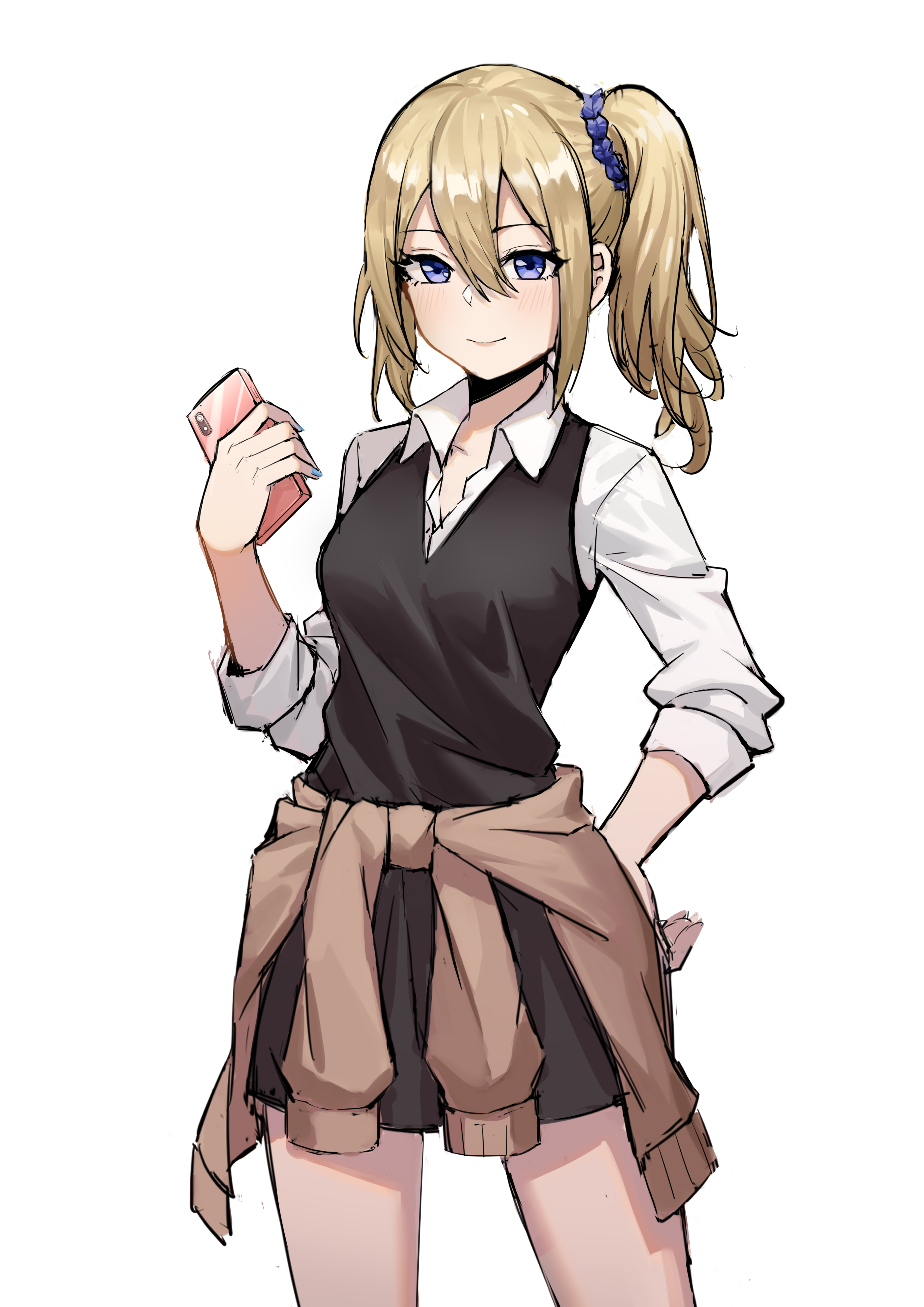 doris (1349745448), hayasaka ai, kaguya-sama wa kokurasetai ~tensai-tachi no renai zunousen~, absurdres, highres, 1girl, black skirt, blonde hair, blue scrunchie, blush, breasts, cellphone, closed mouth, clothes around waist, collarbone, collared shirt, cowboy shot, dress shirt, hair between eyes, hair ornament, hair scrunchie, hand on own hip, holding, holding phone, long hair, long sleeves, looking at viewer, medium breasts, medium hair, phone, pleated skirt, ponytail, purple eyes, school uniform, scrunchie, shirt, side ponytail, sidelocks, simple background, skirt, smartphone, smile, solo, standing, sweater, sweater around waist, vest, white background, white shirt