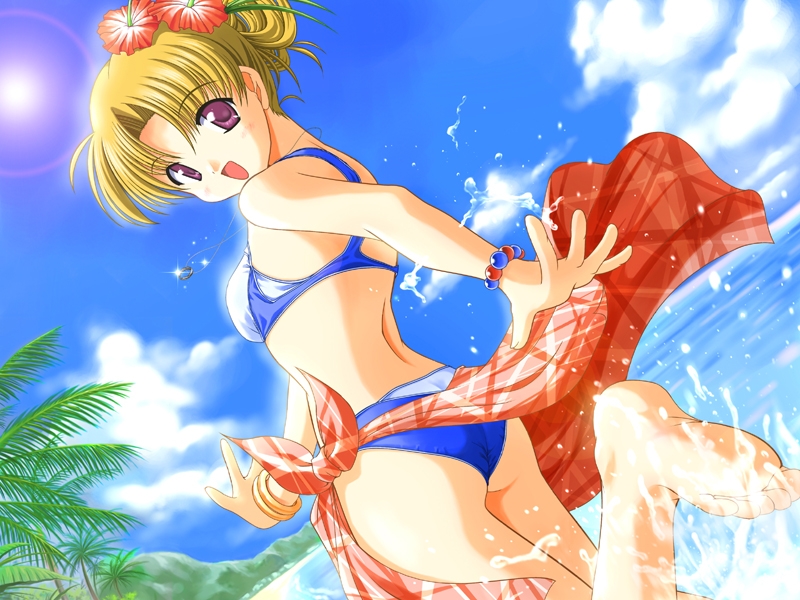bekkankou, kawanakajima satomi, binary pot, game cg, non-web source, 1girl, ass, barefoot, beach, bikini, blonde hair, blue bikini, bracelet, cloud, day, dutch angle, female focus, flower, hair flower, hair ornament, jewelry, lens flare, looking at viewer, looking back, open mouth, outdoors, purple eyes, sarong, sky, smile, solo, splashing, striped clothes, striped sarong, sun, swimsuit, water