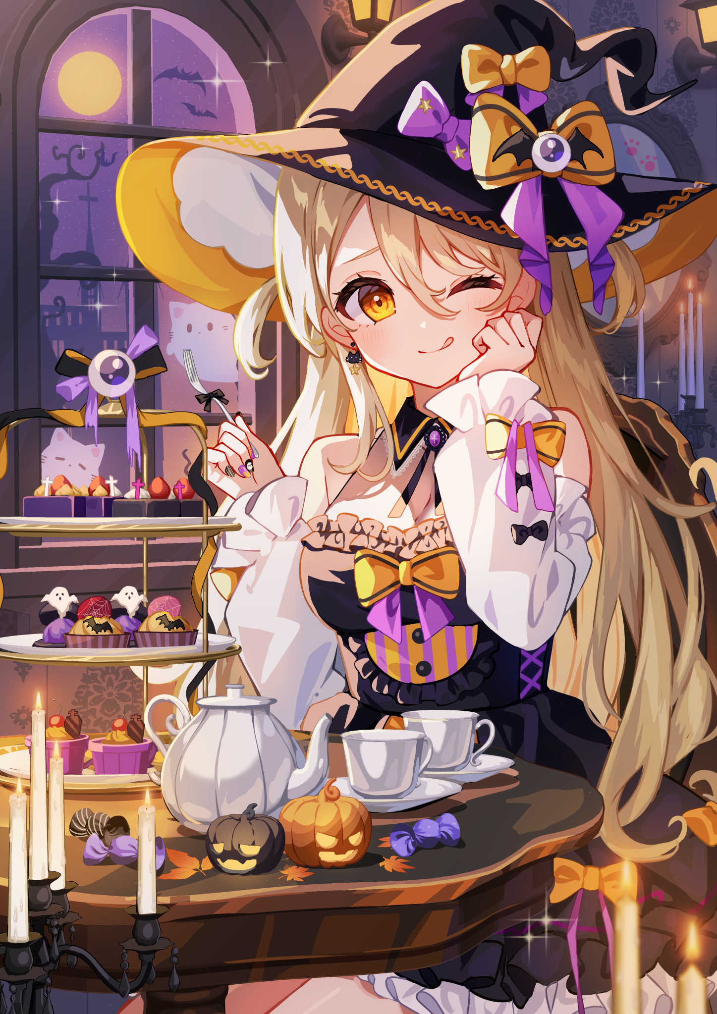 goroo (eneosu), original, commentary, english commentary, highres, 1girl, ;q, bare tree, black dress, black hat, bow, breasts, brown hair, candle, candlestand, detached sleeves, dress, earrings, fire, fork, frilled dress, frills, full moon, hair between eyes, halloween, hands up, hat, hat bow, holding, holding fork, indoors, jewelry, long hair, long sleeves, looking at viewer, medium breasts, moon, nail art, nail polish, one eye closed, orange bow, orange eyes, puffy long sleeves, puffy sleeves, purple bow, purple sky, sky, sleeves past wrists, solo, table, tiered tray, tongue, tongue out, tree, very long hair, wall lamp, white sleeves, window, witch hat