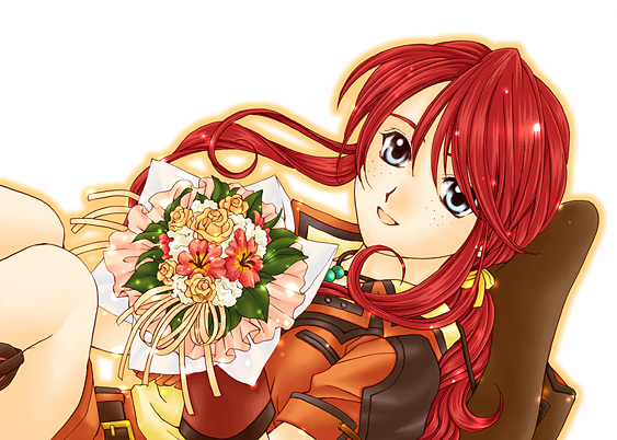 oneki, gemini sunrise, sakura taisen, sakura taisen v, sega, 00s, 1girl, blue eyes, bouquet, cowboy hat, cowboy western, flower, freckles, hat, ponytail, red hair, smile