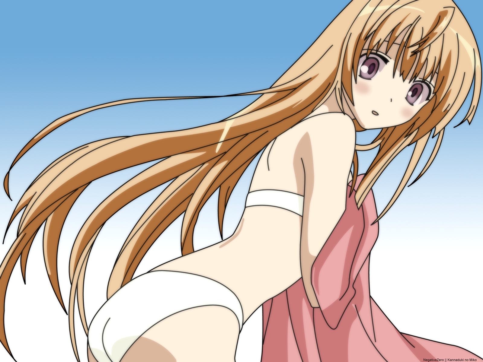 negativezero, kurusugawa himeko, kannazuki no miko, light brown hair, derivative work, highres, non-web source, vector trace, 00s, 1girl, :o, ass, back, bare arms, bare back, bare shoulders, bikini, blue background, blush, covering privates, embarrassed, female focus, gradient background, hair down, leaning, leaning forward, long hair, looking at viewer, looking back, open mouth, shy, solo, swimsuit, towel, very long hair, white background, white bikini