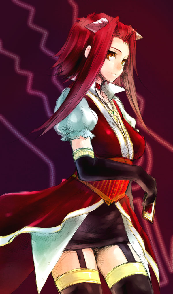 u (pixiv), usaki (ama), izayoi aki, yu-gi-oh!, yu-gi-oh! 5d's, bad id, bad pixiv id, 00s, 1girl, card, dress, elbow gloves, female focus, gloves, holding, holding card, pencil skirt, red eyes, red hair, short hair, skirt, solo, thighhighs, yu-gi-oh (card)