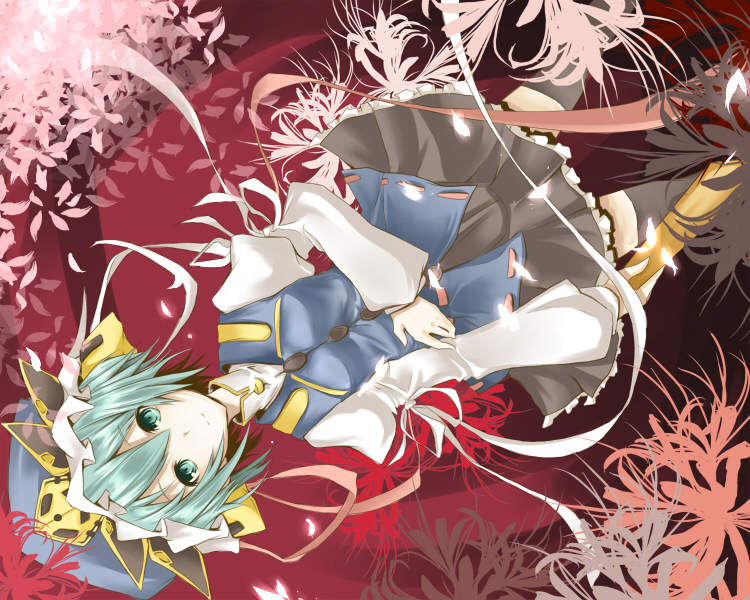 sasaki kouhei, shiki eiki, touhou, bad id, bad pixiv id, 1girl, female focus, flower, green eyes, green hair, hat, matching hair/eyes, nature, plant, red flower, ribbon, rod of remorse, short hair, skirt, solo, spider lily