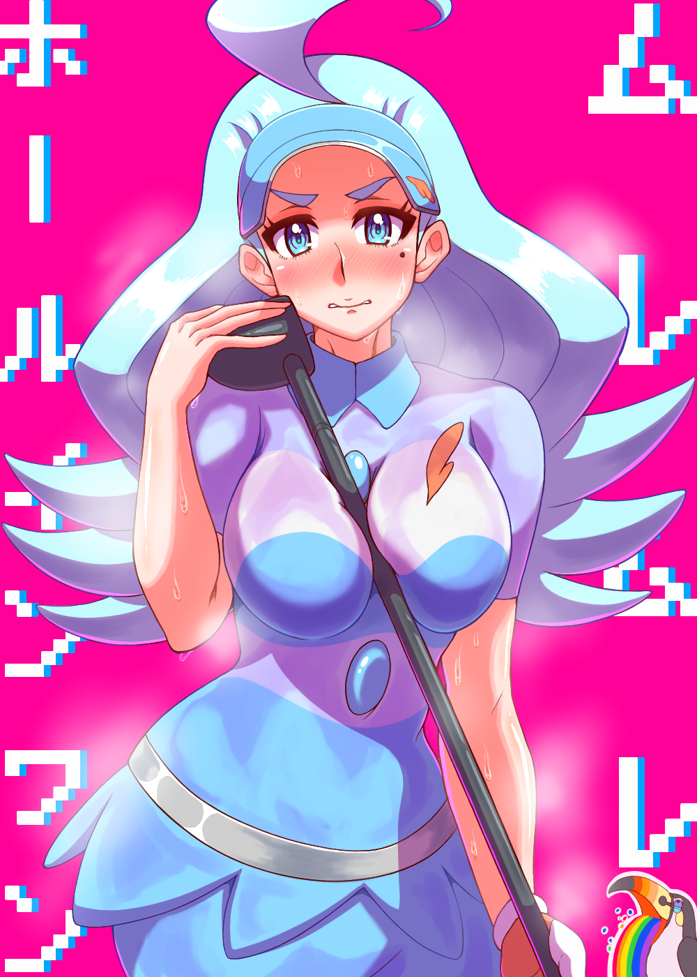 nobuyu (77yusei), kahili (pokemon), toucannon, nintendo, pokemon, pokemon sm, commentary request, highres, translation request, 1girl, ahoge, between breasts, bird, blue eyes, blue hair, blue hat, blue skirt, blush, breasts, buttons, collared shirt, flipped hair, gen 7 pokemon, golf club, hat, holding, holding golf club, large breasts, long hair, medium breasts, mole, mole under eye, nose blush, pencil skirt, pink background, pokemon (creature), shirt, short sleeves, skirt, solo focus, striped clothes, striped shirt, toucan, upper body, v-shaped eyebrows, visor cap