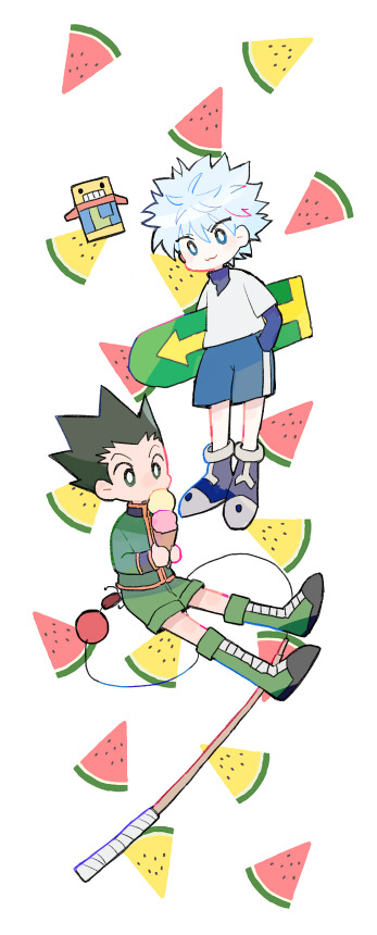 smcms-m, gon freecss, killua zoldyck, hunter x hunter, 2boys, :3, black eyes, black hair, blue eyes, blue shirt, blue shoes, blue shorts, boots, closed mouth, fishing rod, food, fruit, green boots, green jacket, green shorts, hand in pocket, holding, holding ice cream cone, holding skateboard, ice cream, ice cream cone, invisible chair, jacket, long sleeves, looking at another, male focus, multiple boys, shirt, shoes, short hair, short sleeves, shorts, sitting, skateboard, smile, standing, striped clothes, striped shorts, v-neck, vertical-striped clothes, vertical-striped shorts, watermelon, watermelon slice, white background, white hair, white shirt
