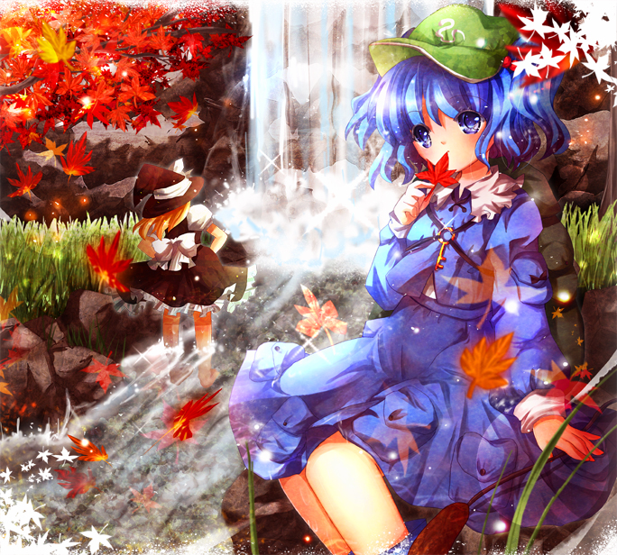 aquamarine, kawashiro nitori, kirisame marisa, touhou, 2girls, autumn, blonde hair, blue eyes, blue hair, cattail, female focus, hat, leaf, long hair, multiple girls, nature, outdoors, plant, ribbon, short hair, two side up, water, waterfall