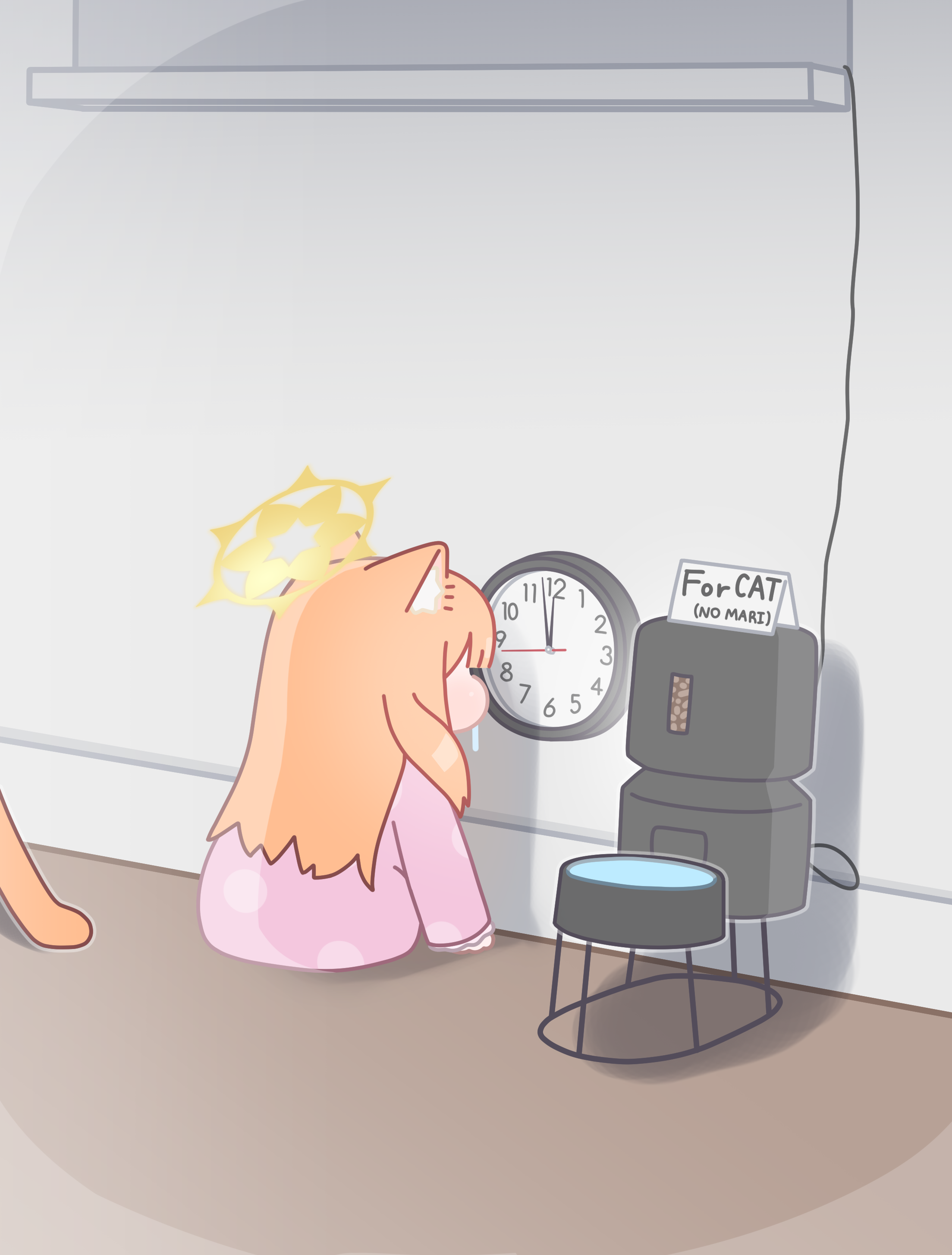 horuhara, mari (blue archive), blue archive, absurdres, highres, photo-referenced, 1girl, animal ear fluff, animal ears, blunt bangs, cat, chibi, clock, drooling, english text, long hair, long sleeves, pajamas, pet food, pink pajamas, polka dot, polka dot pajamas, saliva, sign, sleeves past wrists, solo, very long hair, water