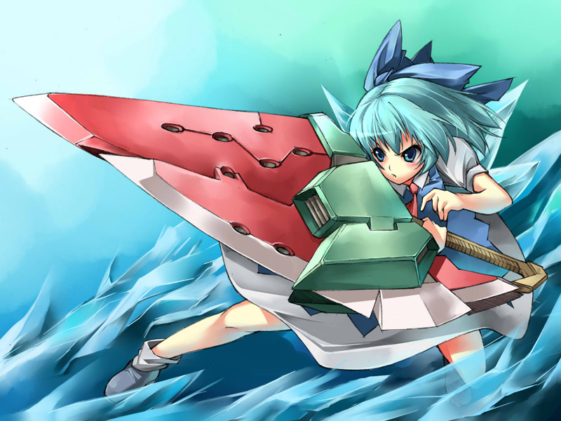 beihan, kokka han, cirno, advent cirno, touhou, 1girl, blue eyes, blue hair, bow, female focus, fighting stance, food, fruit, ice, matching hair/eyes, ribbon, short hair, solo, sword, watermelon, weapon, wings