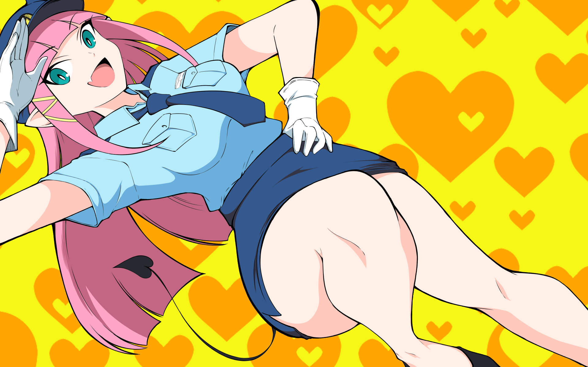 akuma de fukei!, highres, 1girl, breasts, demon tail, dutch angle, eclair (akuma de fukei!), gloves, green eyes, long hair, medium breasts, multicolored hair, pink hair, pointy ears, police, salute, shirt, skirt, solo, streaked hair, t f m n h, tail, thick thighs, thighs