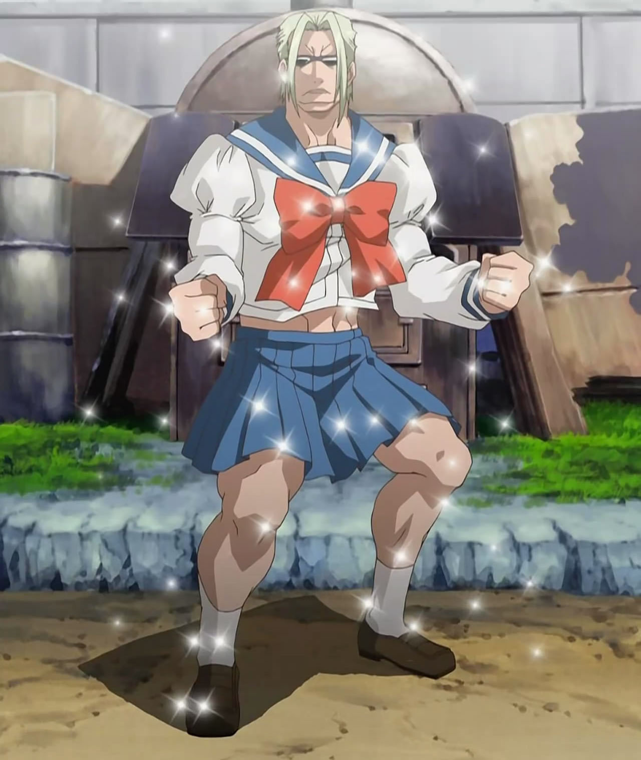 lunar no papa, seto no hanayome, terminator (series), the terminator, anime screenshot, highres, stitched, third-party edit, 00s, 1boy, blonde hair, crossdressing, crossdressing (mtf), epic, male focus, manly, outdoors, ribbon, school uniform, serafuku, short hair, solo, sparkle, sunglasses, what
