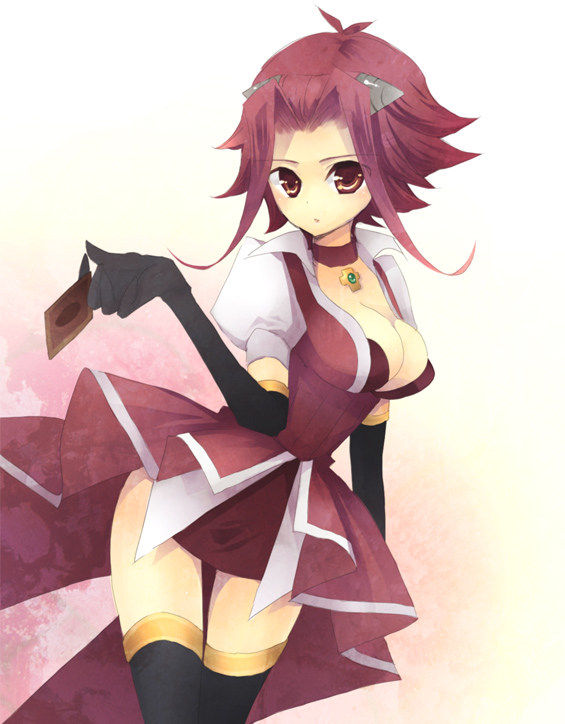 iwahime daisuke, iwaohime, izayoi aki, yu-gi-oh!, yu-gi-oh! 5d's, bad id, bad pixiv id, 00s, 1girl, breasts, brown eyes, card, choker, cleavage, dress, elbow gloves, female focus, gloves, holding, holding card, red hair, short hair, short hair with long locks, skirt, solo, thighhighs, yu-gi-oh (card)