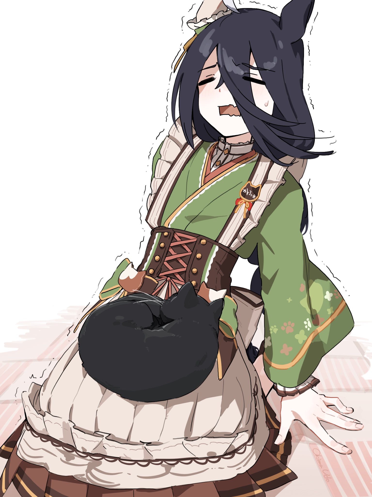 okima udo, manhattan cafe (umamusume), manhattan cafe (verdant night) (umamusume), umamusume, highres, 1girl, animal, animal ears, animal on lap, apron, black cat, cat, cat on lap, closed eyes, collared dress, cramp, dress, ear covers, flat chest, furrowed brow, green dress, green kimono, hair between eyes, hands on feet, horse ears, horse girl, japanese clothes, kimono, leaning back, long hair between eyes, long sleeves, looking down, on floor, on lap, open mouth, pain, pleated dress, single ear cover, solo, trembling, waist apron, white apron, wide sleeves