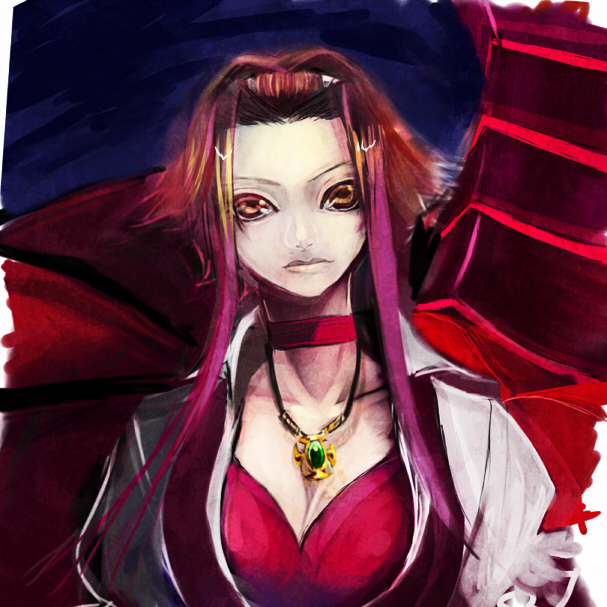 karasu (karasuxx), izayoi aki, yu-gi-oh!, yu-gi-oh! 5d's, bad id, bad pixiv id, 00s, 1girl, breasts, choker, cleavage, duel monster, female focus, jewelry, large breasts, necklace, red hair, short hair, short hair with long locks, solo, yellow eyes