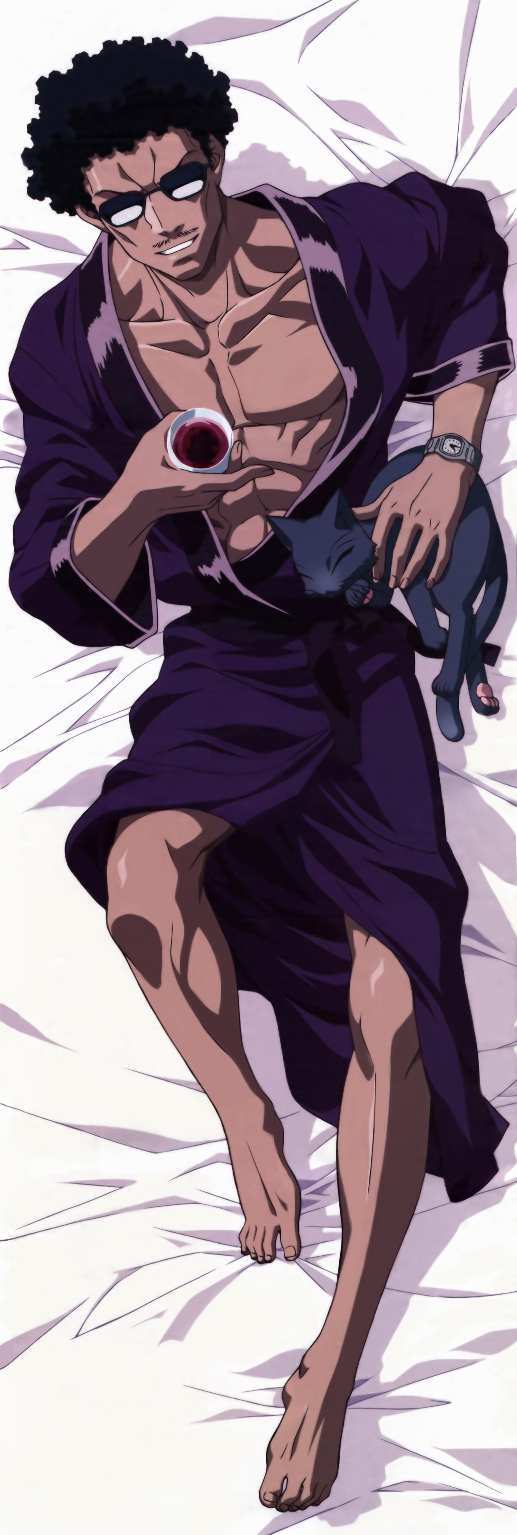 masa (seto no hanayome), seto no hanayome, absurdres, artist request, highres, long image, non-web source, tall image, 00s, 1boy, afro, bathrobe, cat, dakimakura (medium), full body, male focus, manly, robe, solo