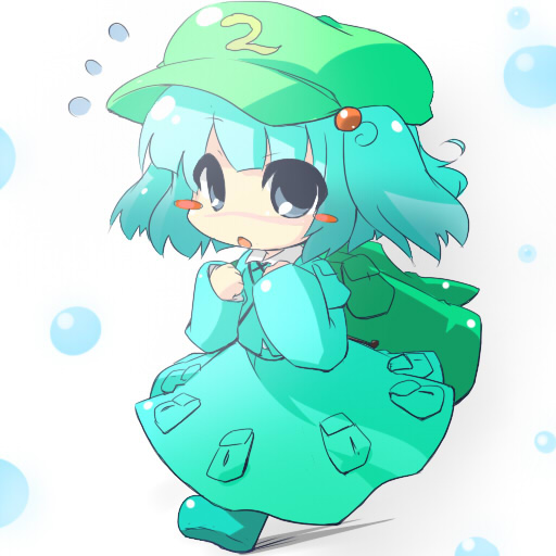 oka (bananashoe), kawashiro nitori, touhou, jpeg artifacts, 1girl, backpack, bag, blush stickers, bubble, chibi, female focus, gradient hair, hat, multicolored hair, randoseru, running, solo, sweatdrop, two side up