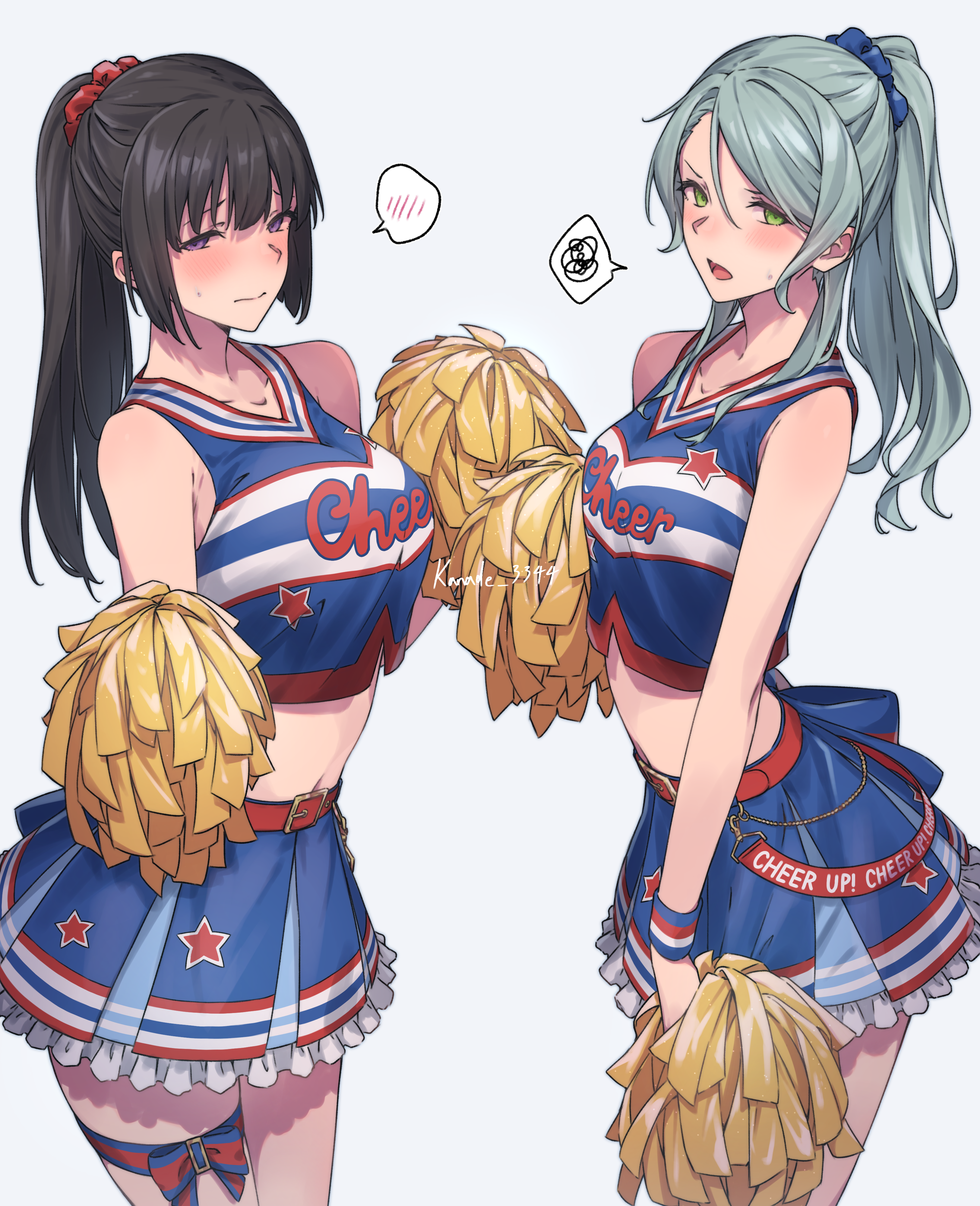 kanade (kanade 3344), hikawa sayo, shirokane rinko, bang dream!, absurdres, commentary, highres, 2girls, aqua hair, belt, belt buckle, black hair, blue scrunchie, blue shirt, blue skirt, blush, breasts, buckle, closed mouth, collarbone, crop top, green eyes, hair between eyes, hair ornament, hair scrunchie, holding, holding pom poms, large breasts, long hair, looking at viewer, medium breasts, midriff, multiple girls, navel, open mouth, pom pom (cheerleading), pom poms, ponytail, purple eyes, red belt, red scrunchie, scrunchie, shirt, sidelocks, simple background, skirt, sleeveless, sleeveless shirt, spoken blush, spoken squiggle, squiggle, sweatdrop, thigh strap, white background