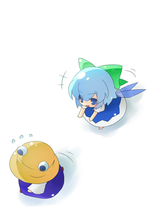 oka (bananashoe), cirno, moriya suwako, touhou, jpeg artifacts, 2girls, blue eyes, blue hair, bow, chasing, chibi, child, female focus, from above, hair bow, hat, multiple girls, simple background, white background, wings, you gonna get raped