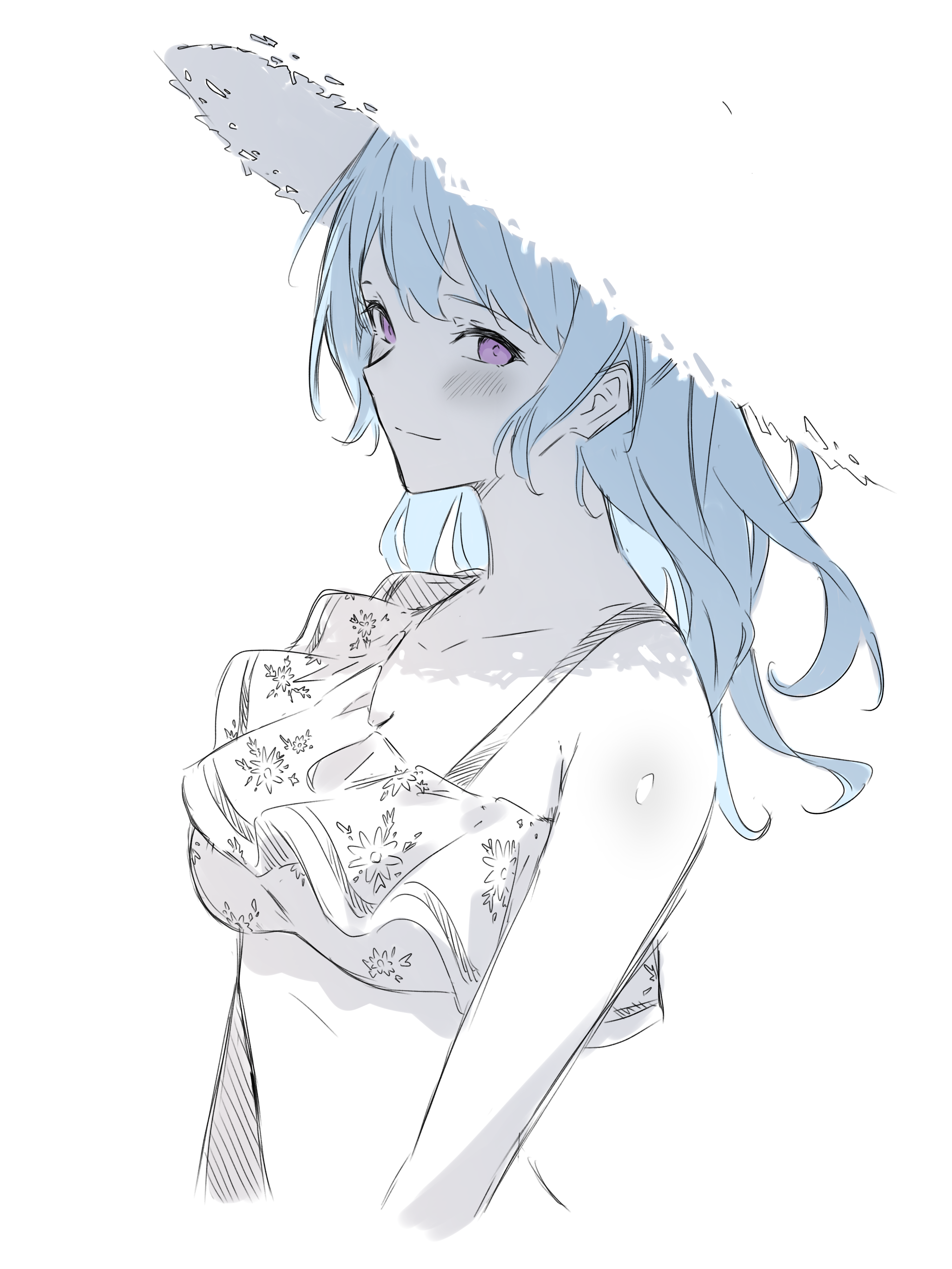 kanade (kanade 3344), matsubara kanon, bang dream!, absurdres, commentary, highres, 1girl, bikini, blending, blue hair, blush, breasts, cleavage, closed mouth, cropped torso, hat, long hair, medium breasts, purple eyes, sidelocks, sideways glance, simple background, solo, stomach, sun hat, swimsuit, upper body, white background
